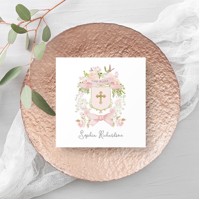 Fairytale Pink Flowers Crest and Cross | Baptism Napkin (Creator Uploaded)