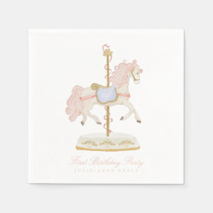 Fairytale Pink Girls Carousel First Birthday Party Napkin