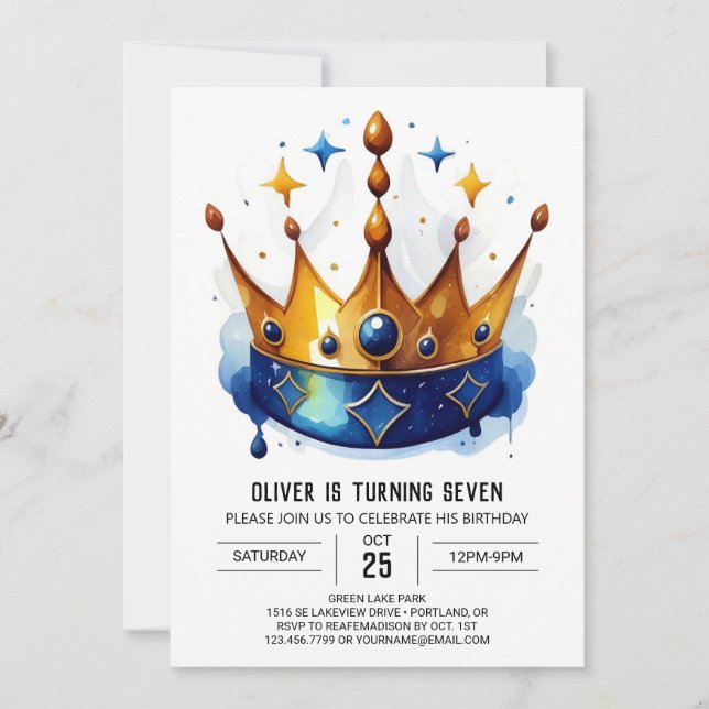  Fairytale Pink Prince Crown Birthday Invitation (Front)