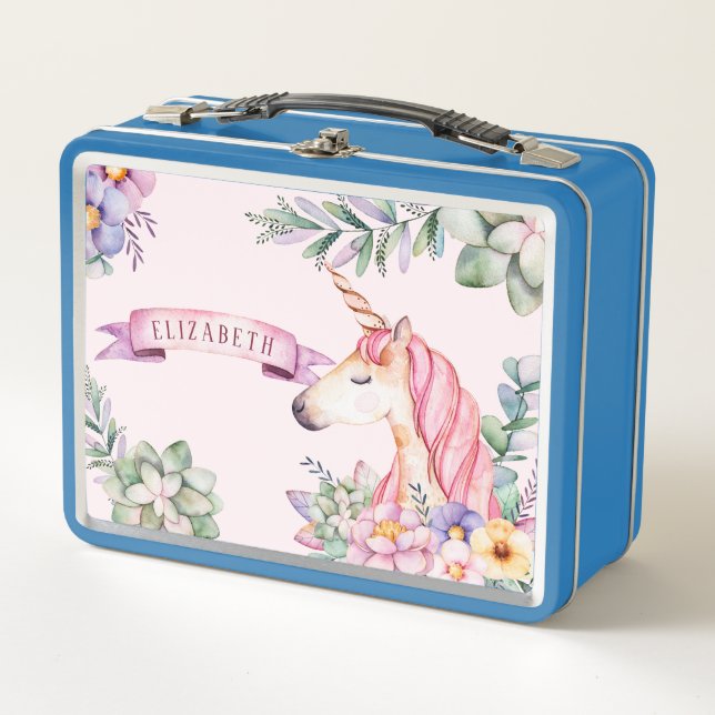 Fairytale Pink Watercolor Flower Unicorn Metal Lunch Box (Front)