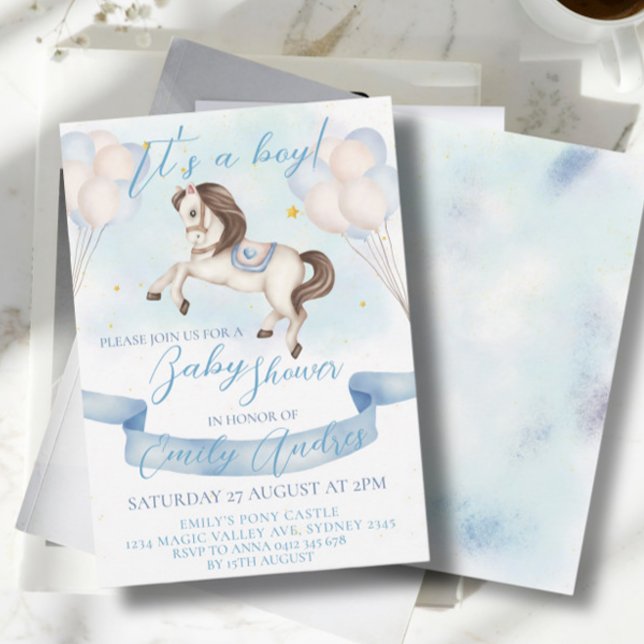 Fairytale Pony Stars Balloons Baby Shower Boy Invitation (Creator Uploaded)