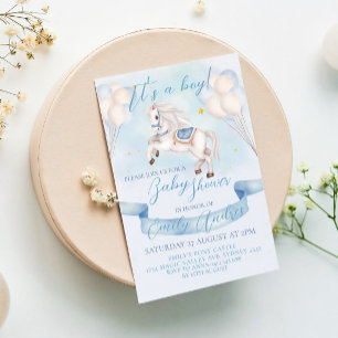 Fairytale Pony Stars Balloons Baby Shower Boy Invitation