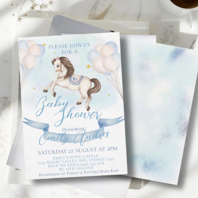 Fairytale Pony Stars Blue Balloons Baby Shower Invitation (Creator Uploaded)