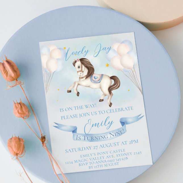 Fairytale Pony Stars Blue Balloons Birthday Party Invitation (Creator Uploaded)