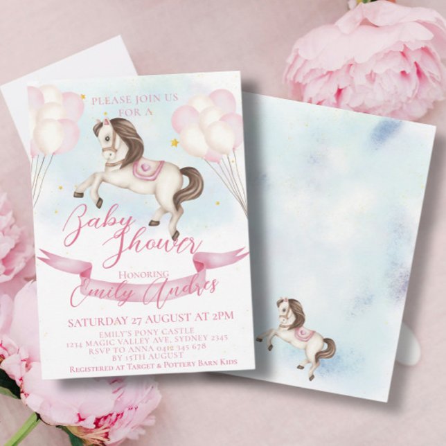 Fairytale Pony Stars Pink Balloons Baby Shower Invitation (Creator Uploaded)