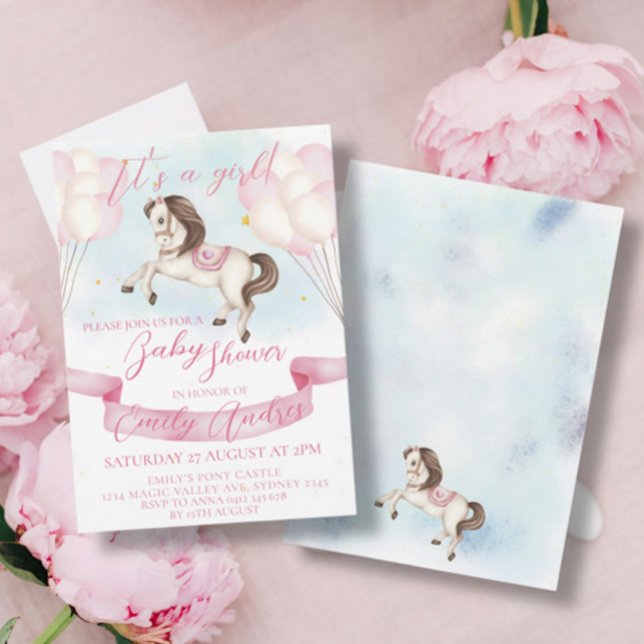 Fairytale Pony Stars Pink Balloons Baby Shower Invitation (Creator Uploaded)
