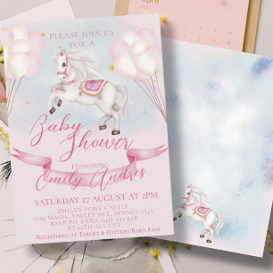 Fairytale Pony Stars Pink Balloons Baby Shower Invitation
