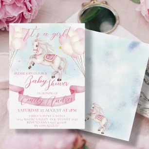 Fairytale Pony Stars Pink Balloons Baby Shower Invitation