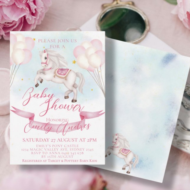 Fairytale Pony Stars Pink Balloons Baby Shower Invitation (Creator Uploaded)