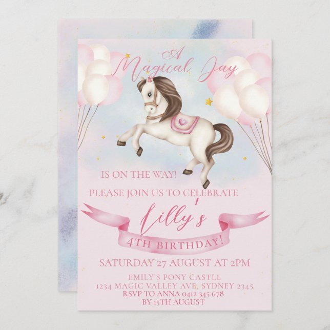 Fairytale Pony Stars Pink Balloons Birthday Party Invitation (Front/Back)