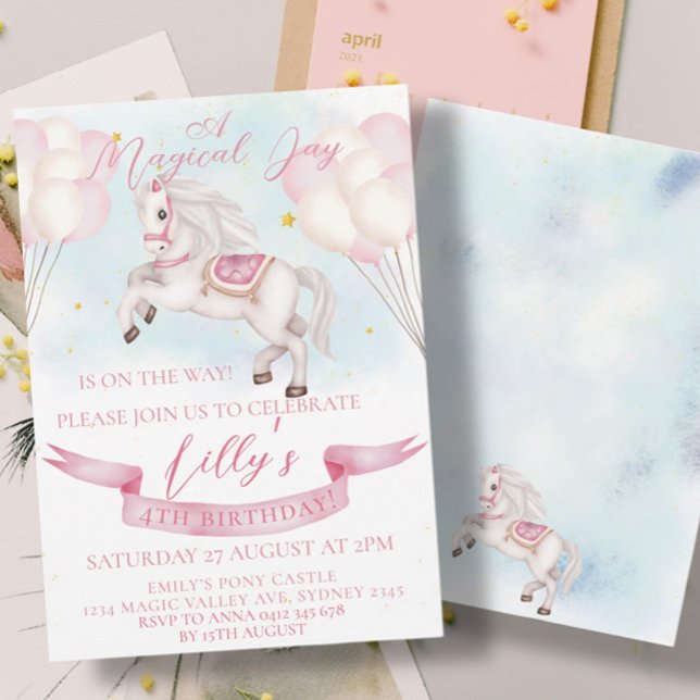 Fairytale Pony Stars Pink Balloons Birthday Party Invitation (Creator Uploaded)