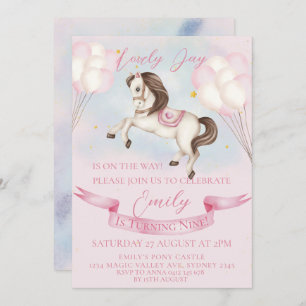 Fairytale Pony Stars Pink Balloons Birthday Party Invitation