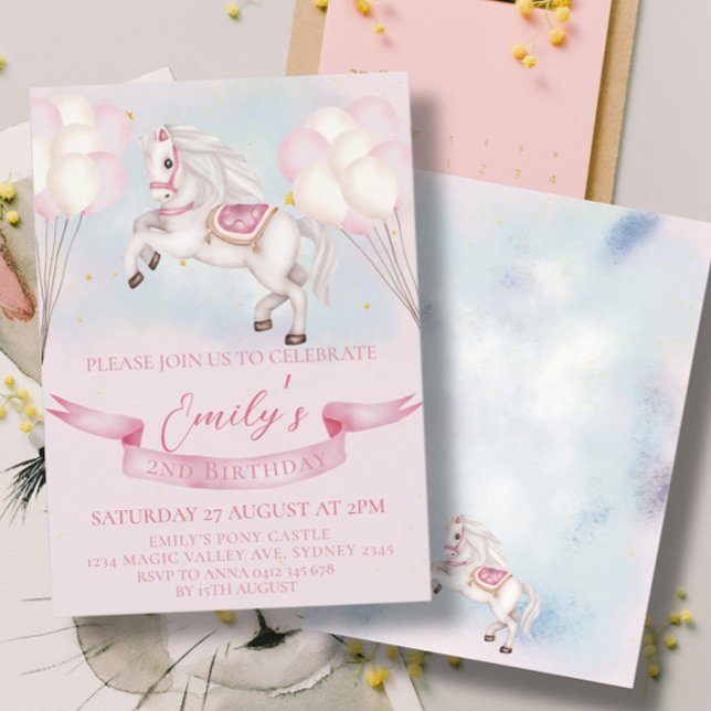 Fairytale Pony Stars Pinky Balloons Birthday Party Invitation (Creator Uploaded)