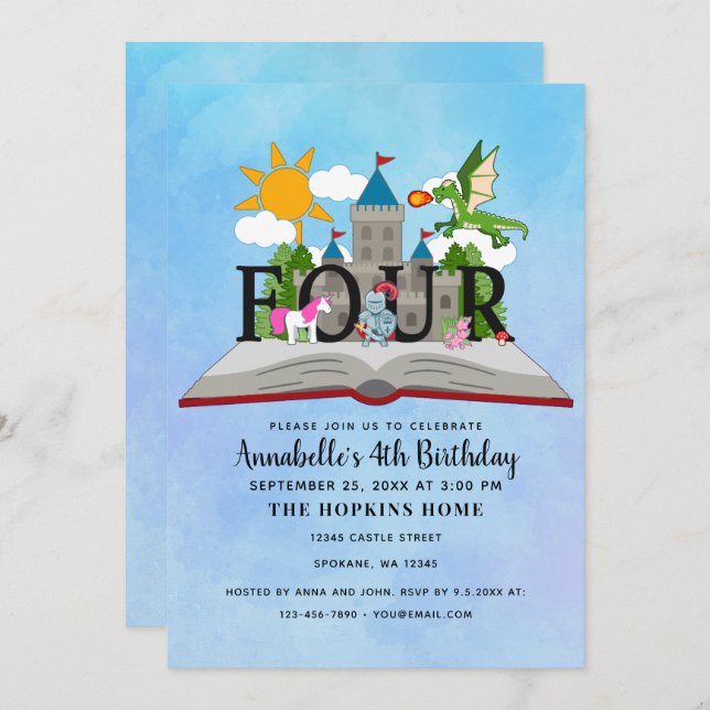 Fairytale Pop Up Book Kids Fourth Birthday Invitation (Front/Back)
