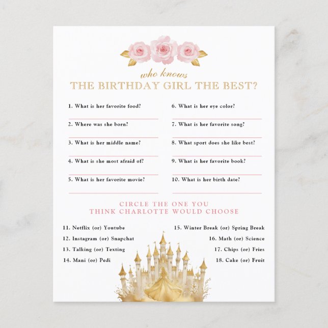 Fairytale Princess Birthday Party Game  (Front)