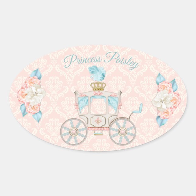 Fairytale Princess Carriage Roses Blush Ivory Aqua Oval Sticker (Front)