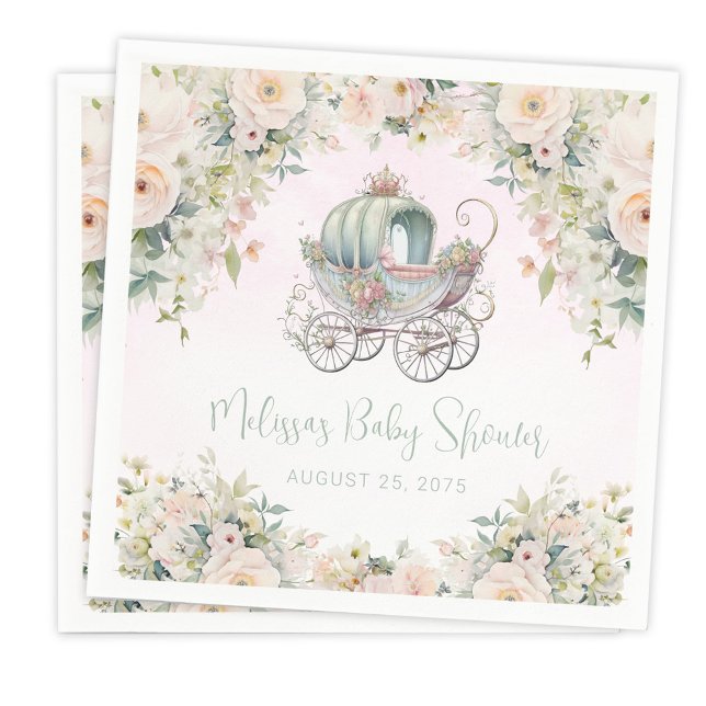 Fairytale Princess Carriage Watercolor Floral Napkin (Add your text to personalize.)