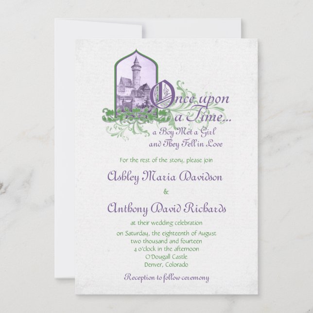 Fairytale Purple Green Castle Once Upon Wedding Invitation (Front)