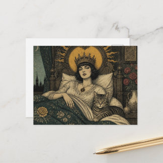 Fairytale Queen and Her Cat in Bed Postcard