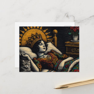 Fairytale Queen and Her Cat in Bed Postcard