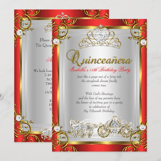 Fairytale Quinceanera 15th Birthday Red Gold Invitation (Front/Back)