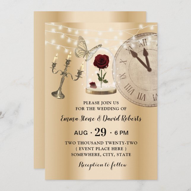 Fairytale Rose Flower Dome Modern Gold Wedding Invitation (Front/Back)