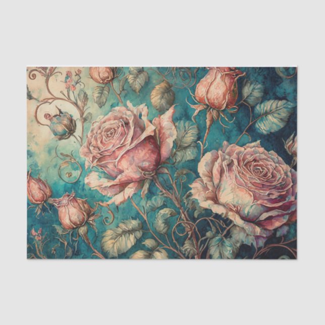Fairytale Roses on Teal Tissue Paper (Front)