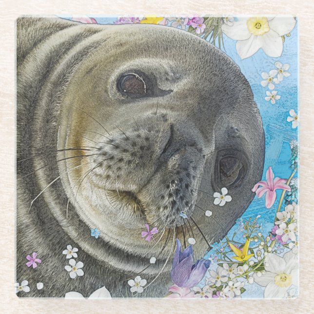 Fairytale Sealion in Ocean of Flowers Glass Coaster (Front)