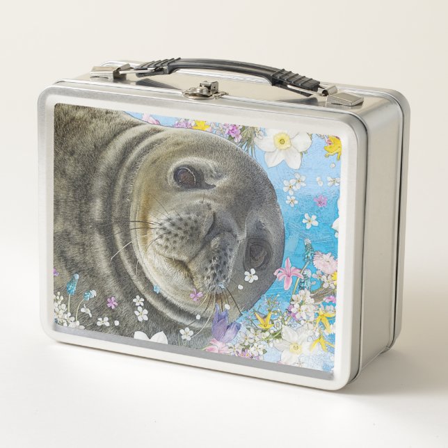 Fairytale Sealion in Ocean of Flowers Metal Lunch Box (Front)