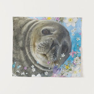 Fairytale Sealion in Ocean of Flowers Tapestry