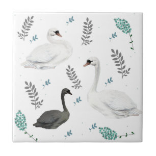 Fairytale Swan Illustration Folk Botanical Ceramic Tile