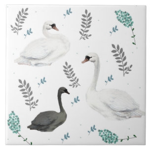 Fairytale Swan Illustration Folk Botanical Swans Ceramic Tile