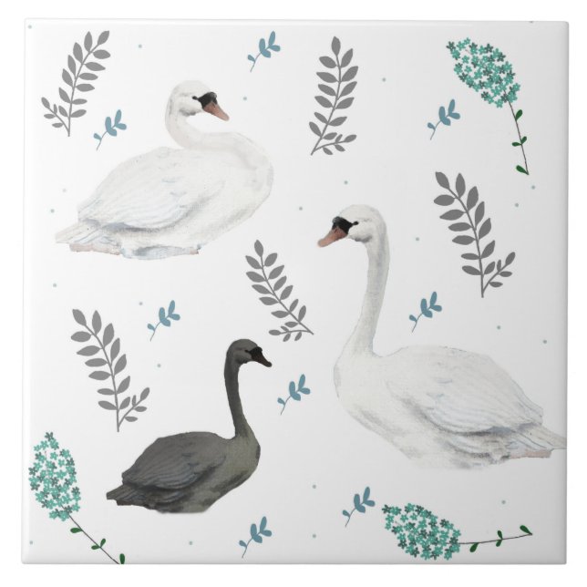 Fairytale Swan Illustration Folk Botanical Swans  Ceramic Tile (Front)