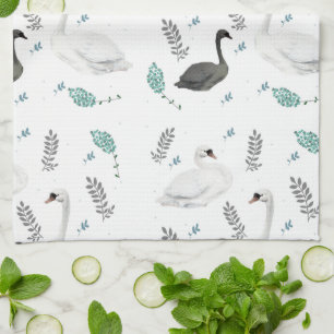 Fairytale Swan Illustration Folk Botanical Tea Towel
