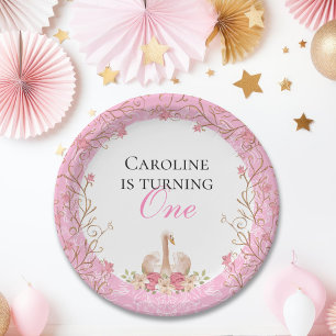 Fairytale Swan Pink Floral Birthday Party Paper Plate