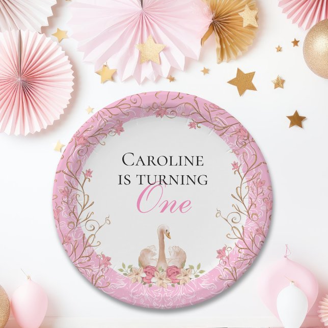 Fairytale Swan Pink Floral Birthday Party Paper Plate (Creator Uploaded)