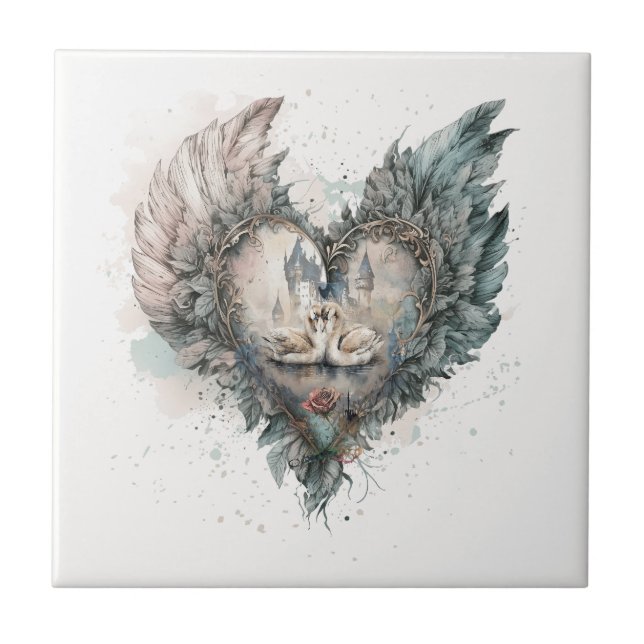 Fairytale Swans in Feathered Heart Ceramic Tile (Front)