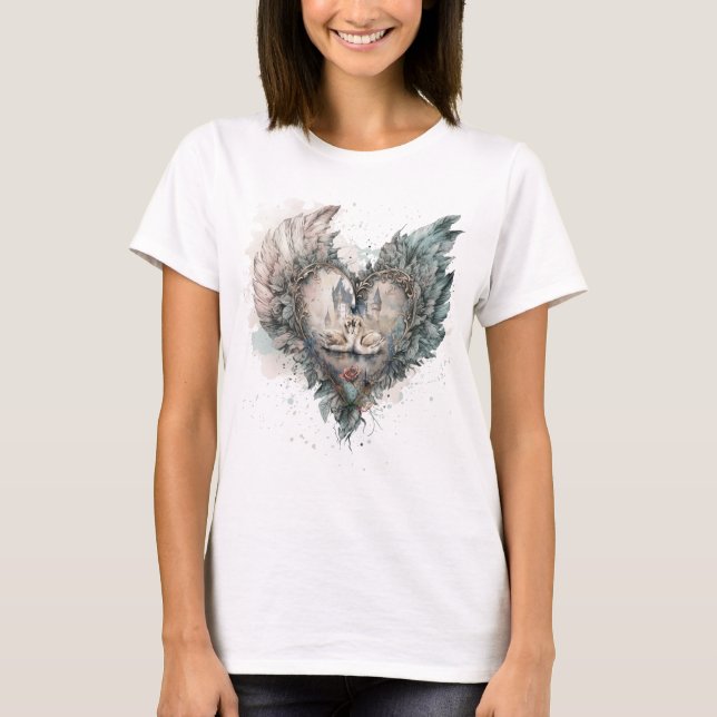 Fairytale Swans in Feathered Heart T-Shirt (Front)