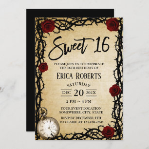 Fairytale Sweet 16 Vintage Red Rose & Thorn Invitation