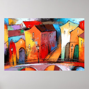 Fairytale town in orange color. Photo of acrylic a Poster