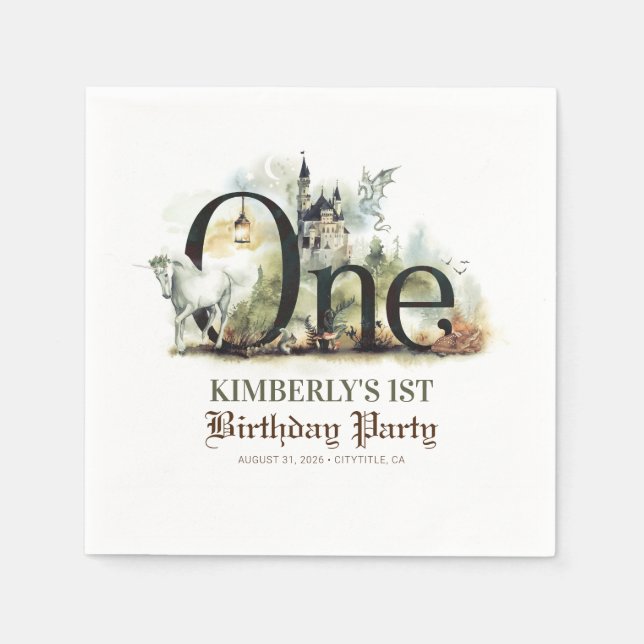 Fairytale Unicorn Dragon and Castle 1st Birthday Napkin (Front)