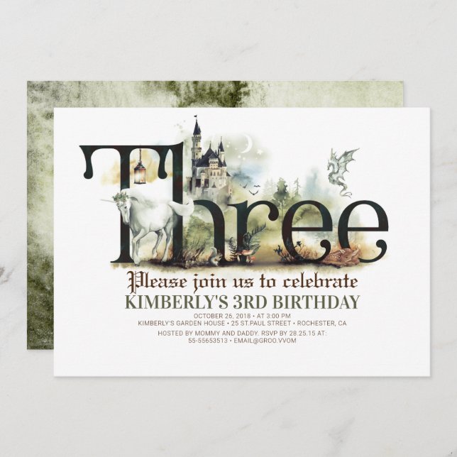 Fairytale Unicorn Dragon Magic Castle 3 Birthday Invitation (Front/Back)