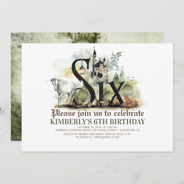 Fairytale Unicorn Dragon Magic Castle 6 Birthday Invitation (Front/Back)