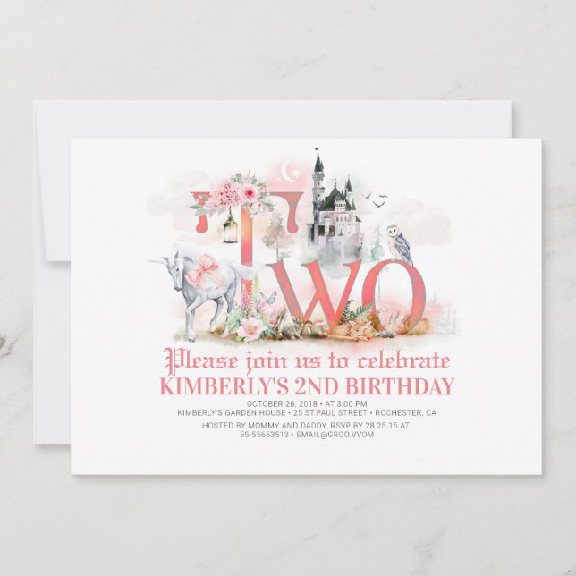 Fairytale Unicorn Princess Castle 2nd Birthday Invitation (Front)