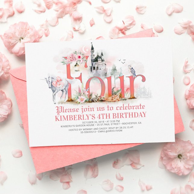 Fairytale Unicorn Princess Castle 4th Birthday Invitation (Creator Uploaded)