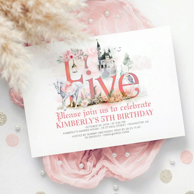 Fairytale Unicorn Princess Castle 5th Birthday Invitation (5th Birthday Invitation with Fairytale Creatures Enchanted Castle and dragon with unicorn)