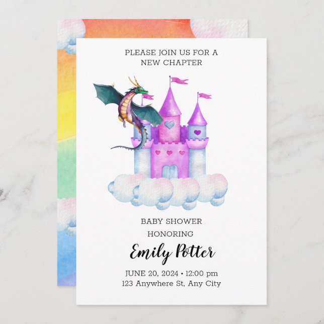 Fairytale Watercolor Dragon Castle Magical Story Invitation (Front/Back)