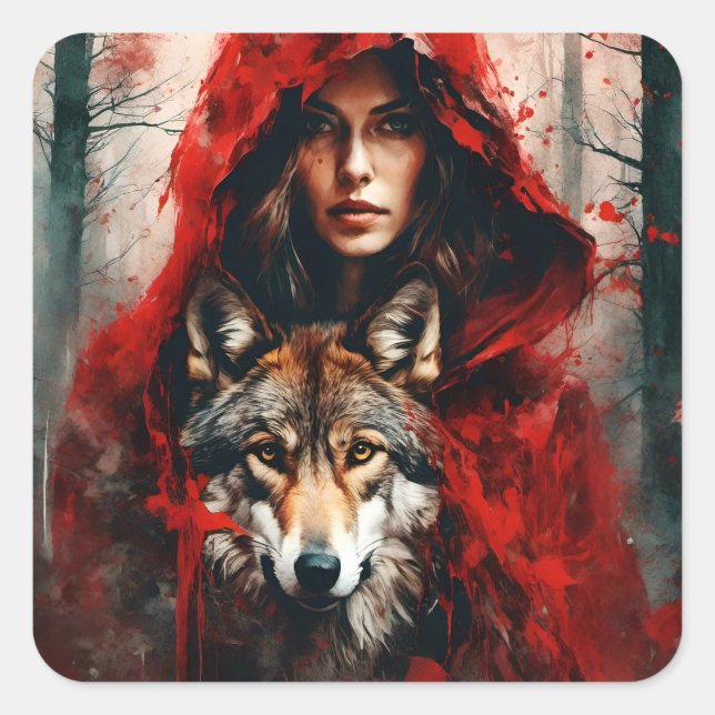 Fairytale Woman and a Wolf  Square Sticker (Front)