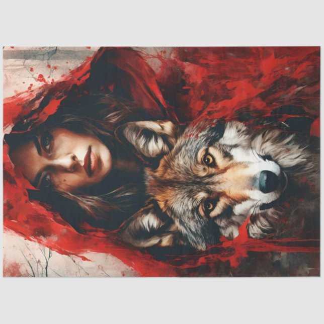 Fairytale Woman in red cloak and a Wolf decoupage Tissue Paper (Front)