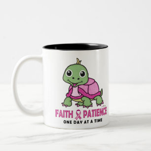 Faith an Patience: Breast Cancer Pink Green Turtle Two-Tone Coffee Mug